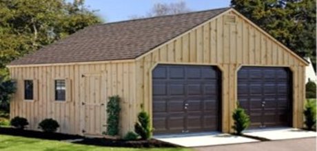 A wood two car prefab garage